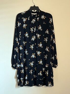 LOFT Black Long-Sleeve Floral Ruffle-Tier Dress, Size S
